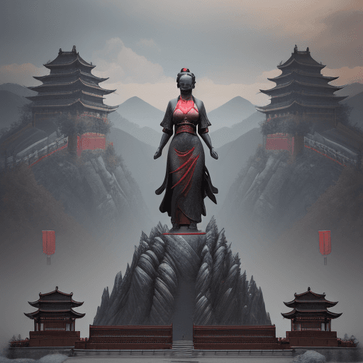 AI generated: a large statue with a woman looking at it, in the style of unreal engine 5, northern china's terrain...