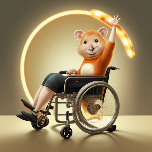 AI generated: ginger hamster in a wheel chair, its leg is raised and in a cast. it is smiling and waving.
warm lig...
