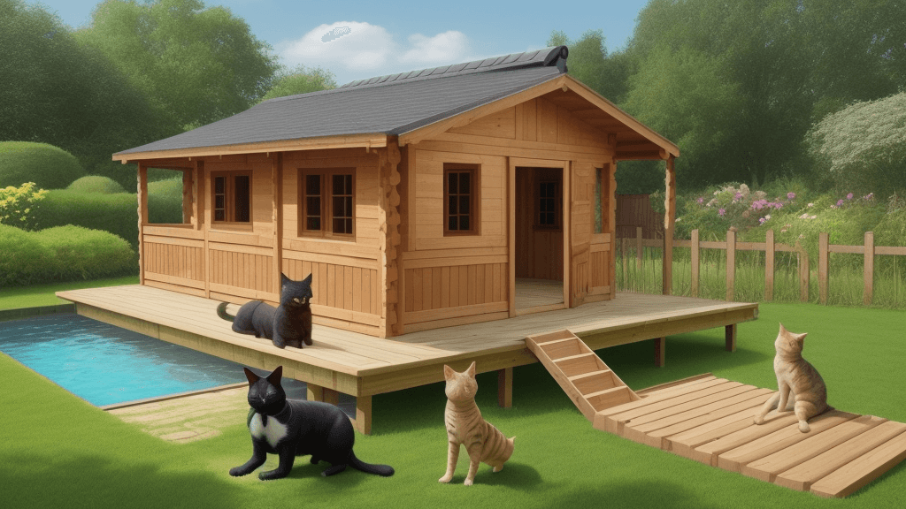 AI generated: a wooden house, garden, large yard, swimming pool, dog house, cat house