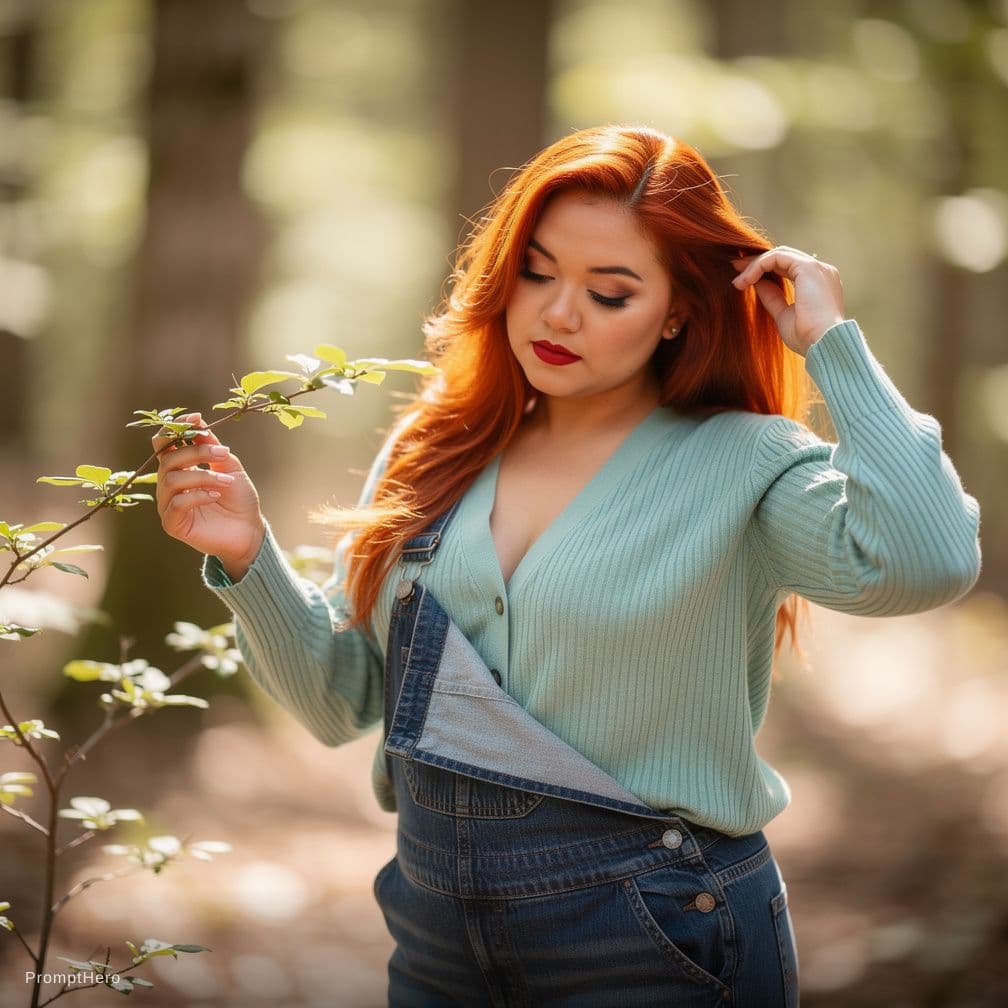 AI generated: A photorealistic portrait of a fit adult woman with long, flowing red hair, standing in a sun-dapple...