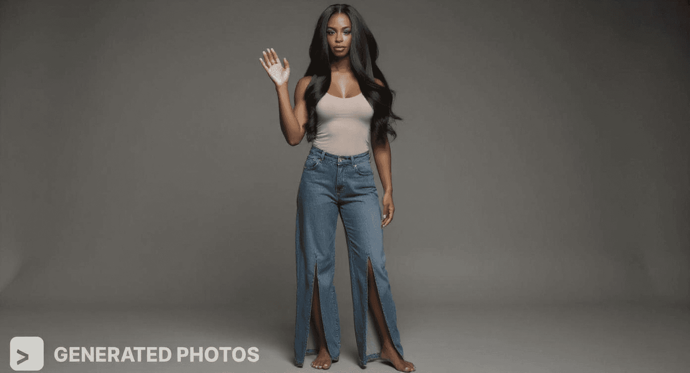 AI generated: Woman Stands With Long Slit Pants 