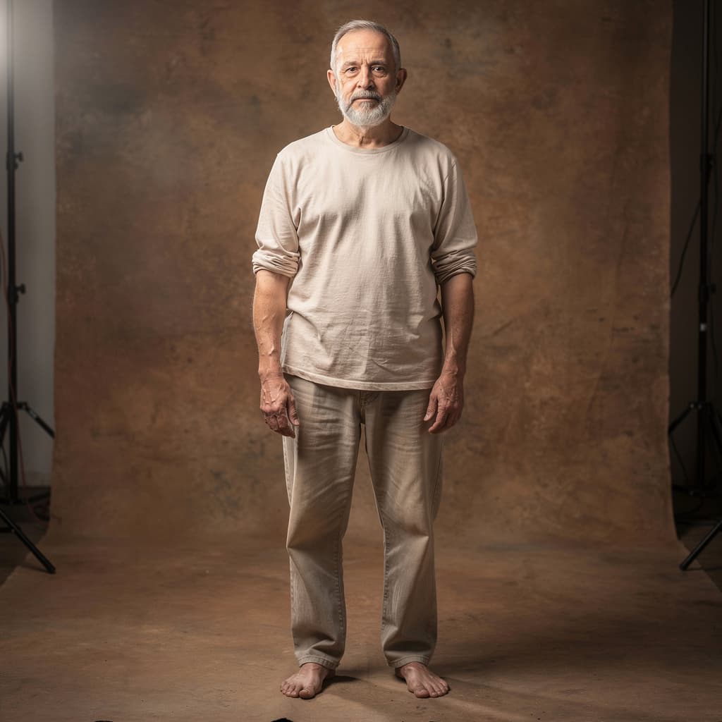 AI generated: A 60-year-old man, hairy, naked, weighing 85 kilos, not muscular, rustic, with a short gray beard, s...