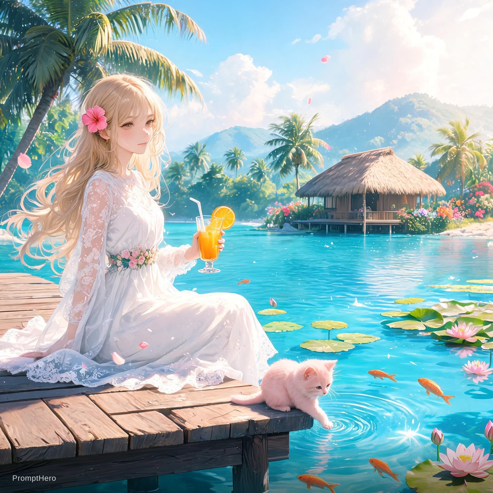 AI generated: **Prompt:**

A serene tropical fantasy scene with gentle animated motion. A beautiful blonde woman w...