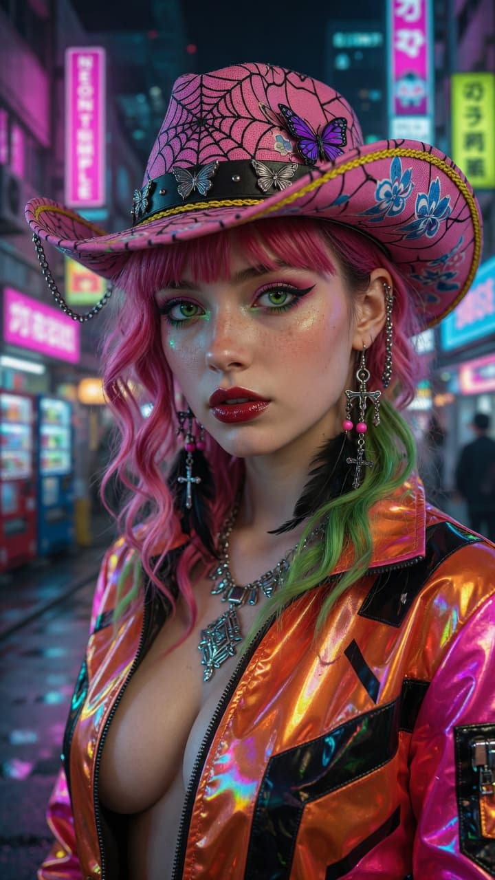 AI generated: Ultra-realistic photography of a stunning young woman with vibrant multicolored hair (hot pink, mage...