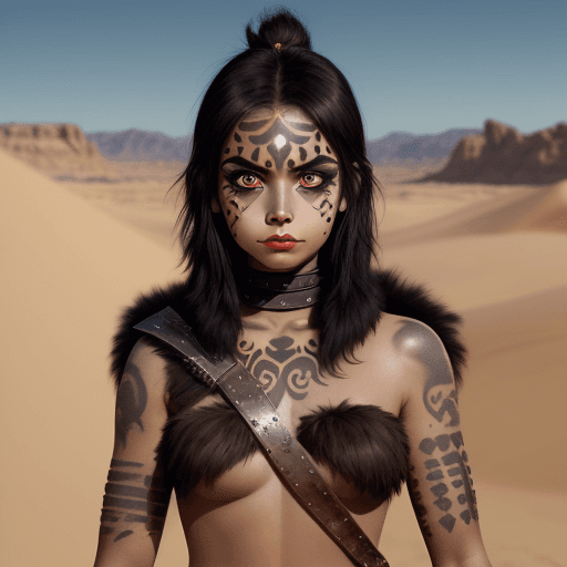 AI generated: a young warrior princess in a desert, with face paint, black hair, brown big eyes, short outfit made...
