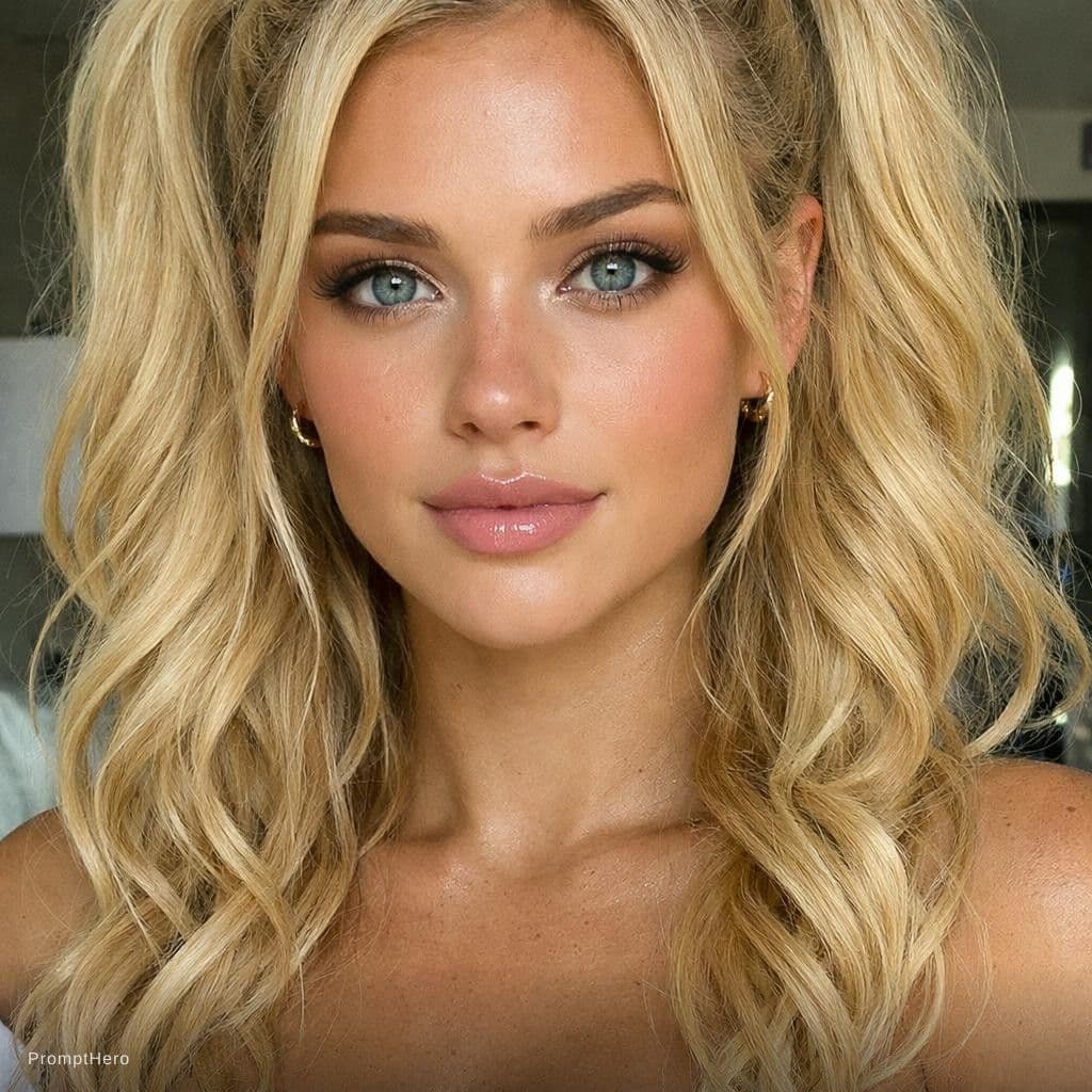 AI generated: beautiful young woman with long curly blonde twin ponytails, big clear blue eyes, perfect facial sym...