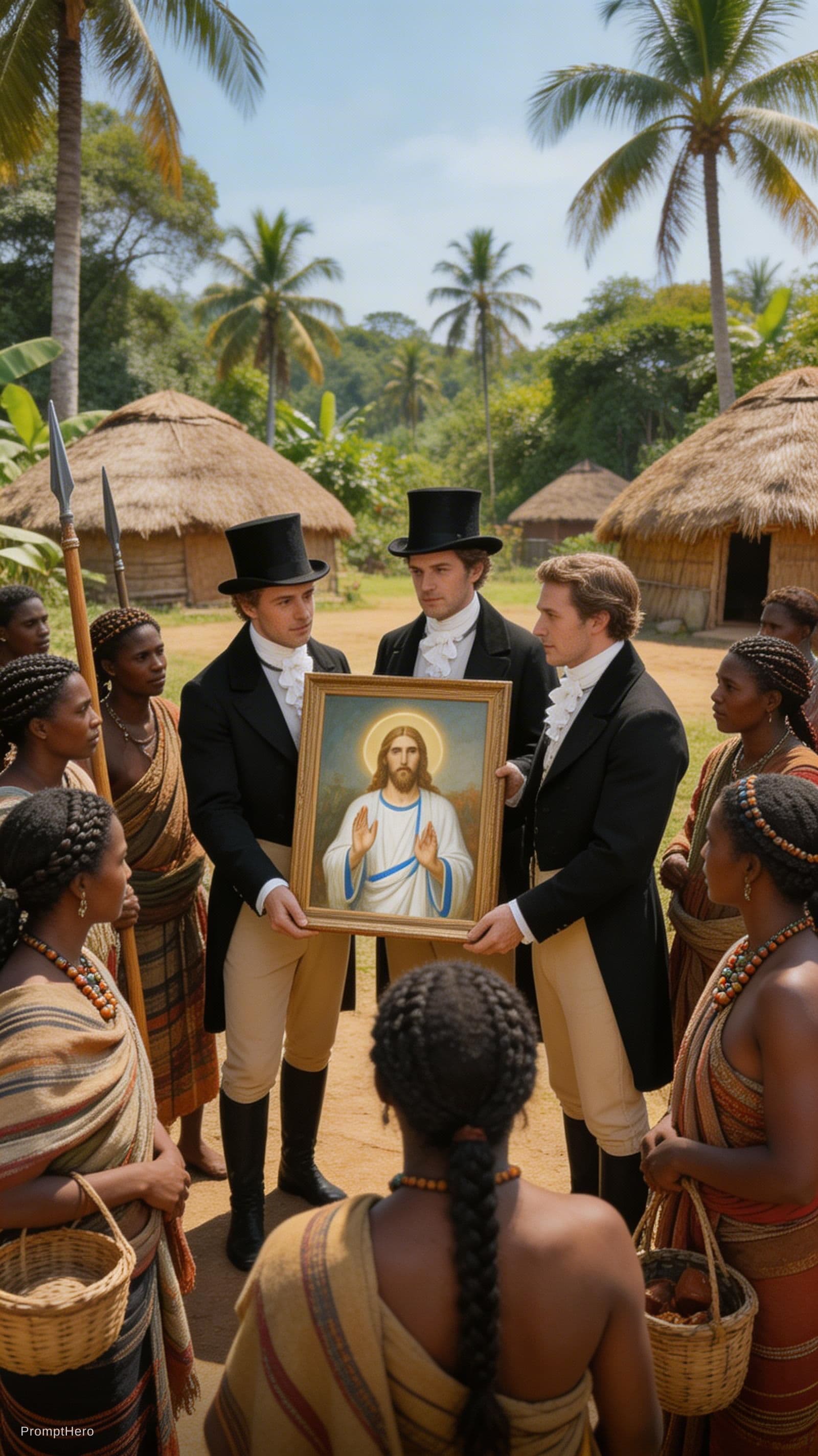 AI generated: white colonizer white people arriving with a painting of white Jesus offering Christianity to local ...