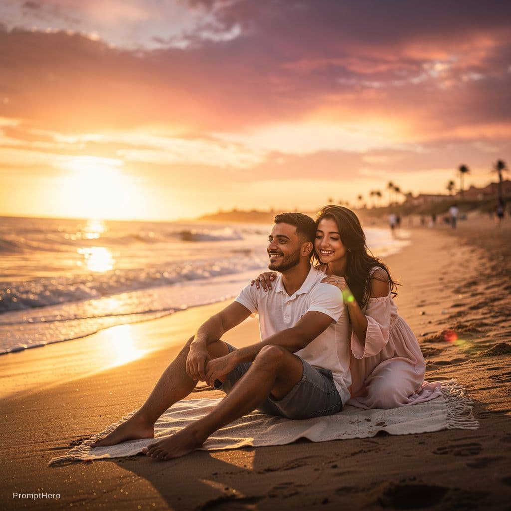 AI generated: Chadi a Moroccan guy who is injoying the sun in a Moroccan beach with a dreamy sunset and a beautifu...