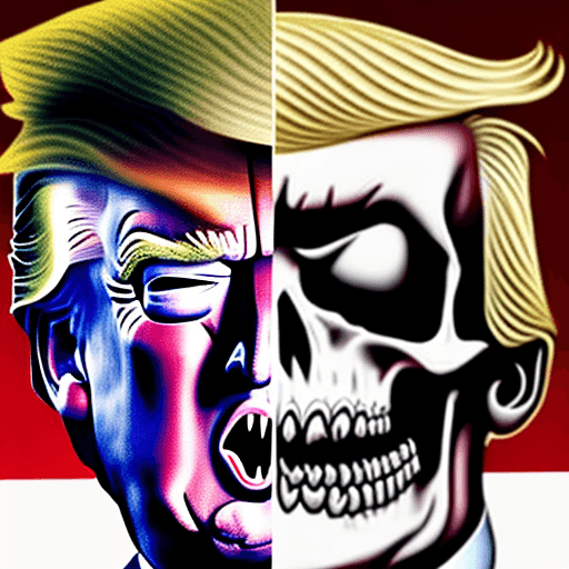 AI generated: image of donald trump with a vicious expression with his face stretched over the surface of a skull ...