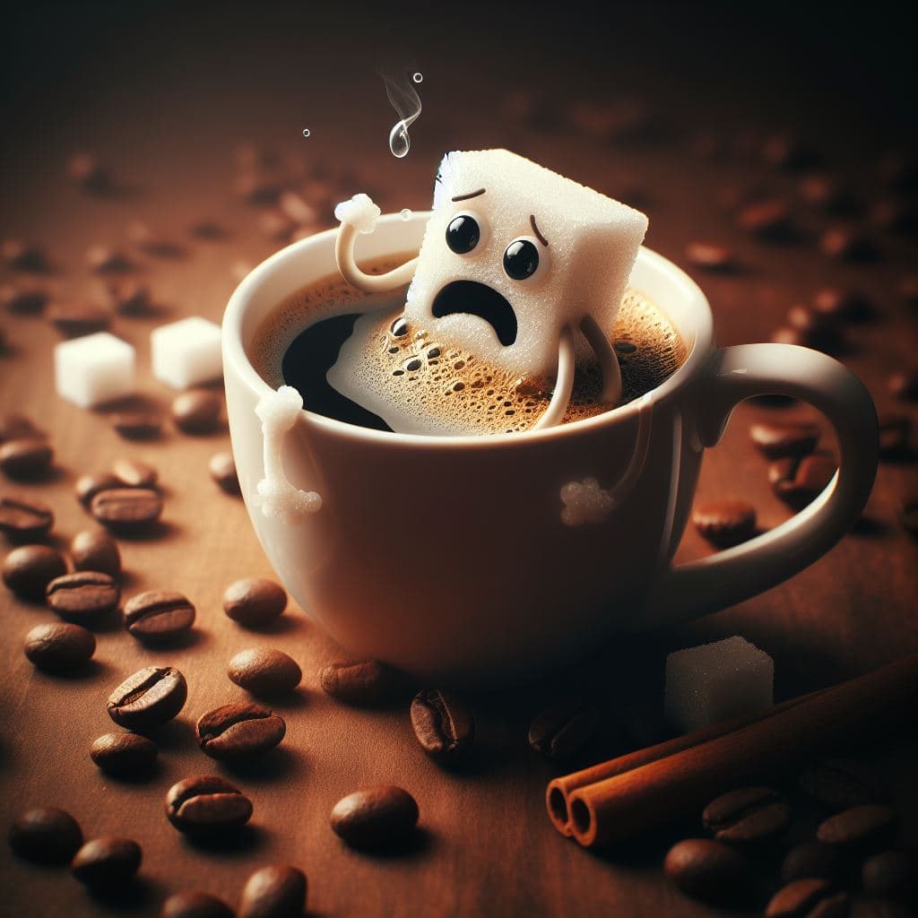 AI generated: Coffee in a mug, devouring a tiny whimsical sugarcube with legs, arms, and a worried expression.