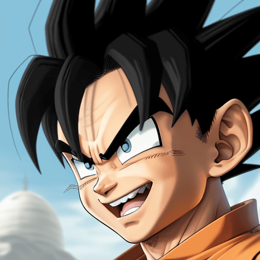 AI generated: Frontal face shot, Son Goku, mischievous smile, Akira Toriyama, cartoon style, Dragon Ball,