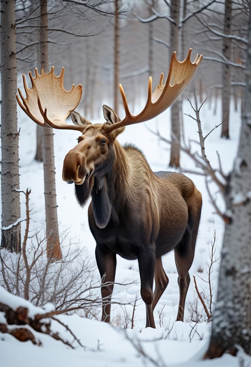 AI generated: A magnificent moose, tall and powerful, stands among bare trees during winter, snow on the ground