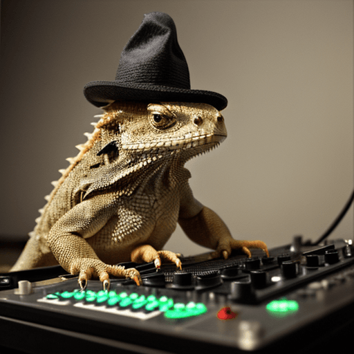 AI generated:  a bearded dragon as a dj with a cool hat