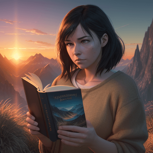 AI generated: Photo of a woman reading an ultra-realistic book, spectacular light, colorful sunrise, mountains in ...