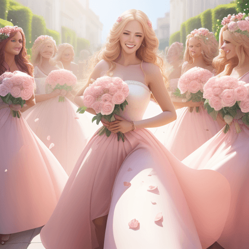 AI generated: a row of beautiful bouquet of redish, pink and white roses in the hands of smiling blonde woman, wom...