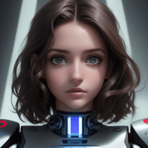 AI generated: un retrato detallado de frente y realista de una robot hermosa, cabello negro, ojos redondos y cabel...
