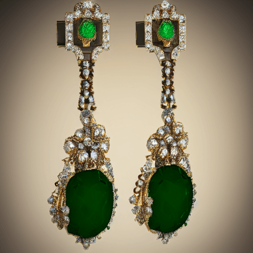 AI generated: full display of baroque style jewelry design, a pair of earrings, green gemstones with four-leaf col...