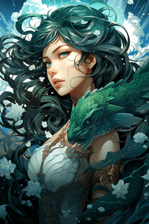AI generated: A mythical mermaid with emerald hair and gleaming aquamarine scales detailed with seashell shapes in...