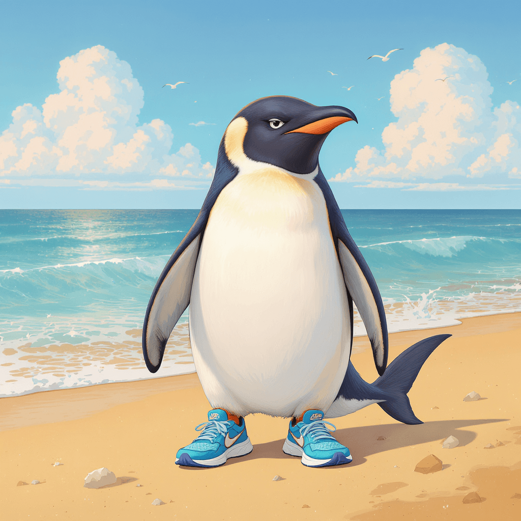 AI generated: A whimsical illustration of a happy PENGUIN standing on the beach wearing bright blue Nike sneakers ...
