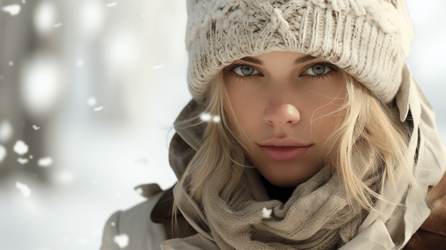 AI generated: pin up, snowing, nature background, soft lighting, no makeup, realistic skin, photorealistic image o...