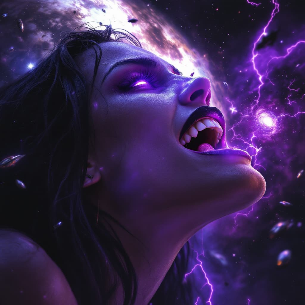 AI generated: enormous giantess Rhea Ripley  from WWE
bigger than a galaxy floating in space, minuscule galaxies i...