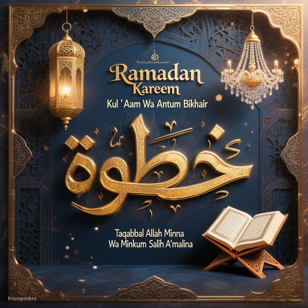 AI generated: A luxurious and professionally designed Islamic Ramadan greeting card. In the center, the name "خطوة...