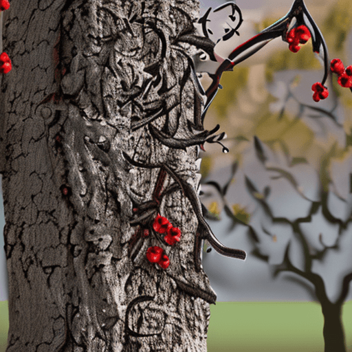 AI generated: curly tree trunk with branches with leaves with red berries, medieval style, white background