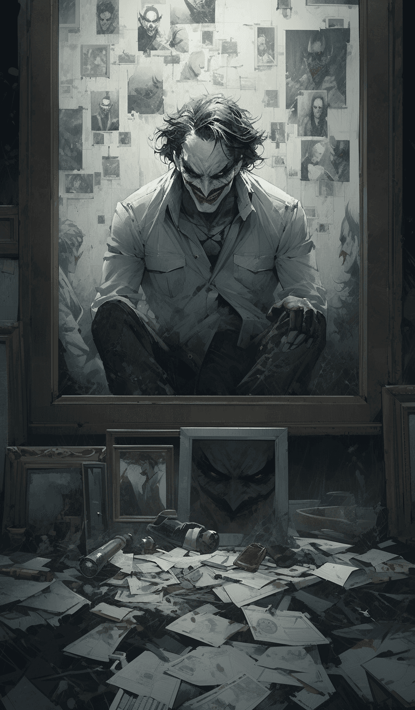 AI generated: The Joker, a villain from the Batman film series, looks at himself in a broken mirror, in the style ...