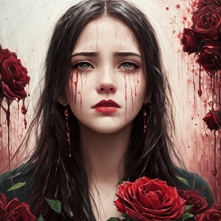 AI generated: a 17 yo girl's face, crying, black veins, dripping oil, predatory plants, (dead roses:1.1) around, v...