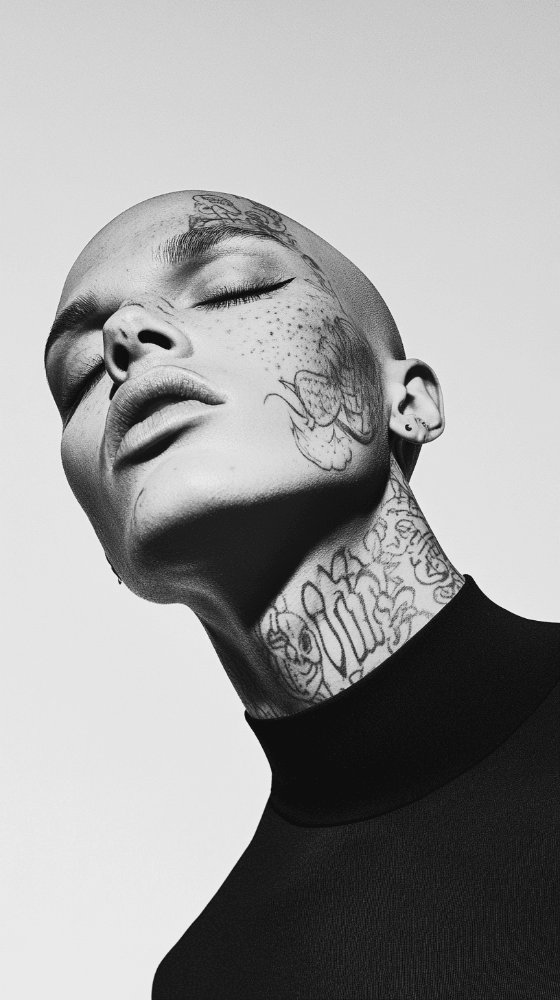 AI generated: Symetrical ultra Closeup of a dope faced tattoed model, dark mirror glazed Nike sport outfit, Minima...