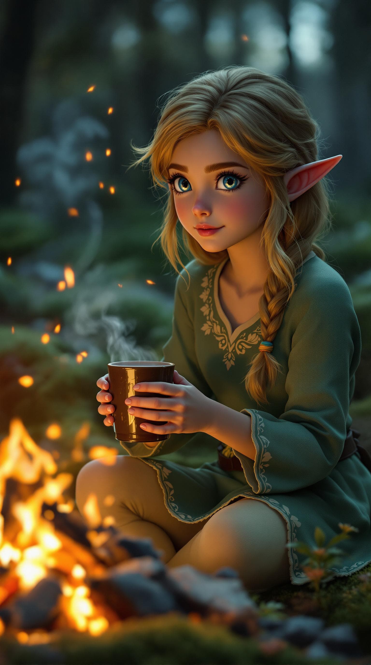 AI generated: A photorealistic close-up of a female child version of Link, sitting gracefully by a flickering camp...