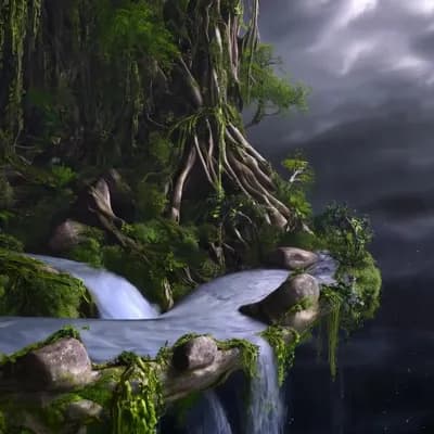 AI generated video: A floating microplanet reveals a dense jungle, its surface overgrown with thick vines and towering t...