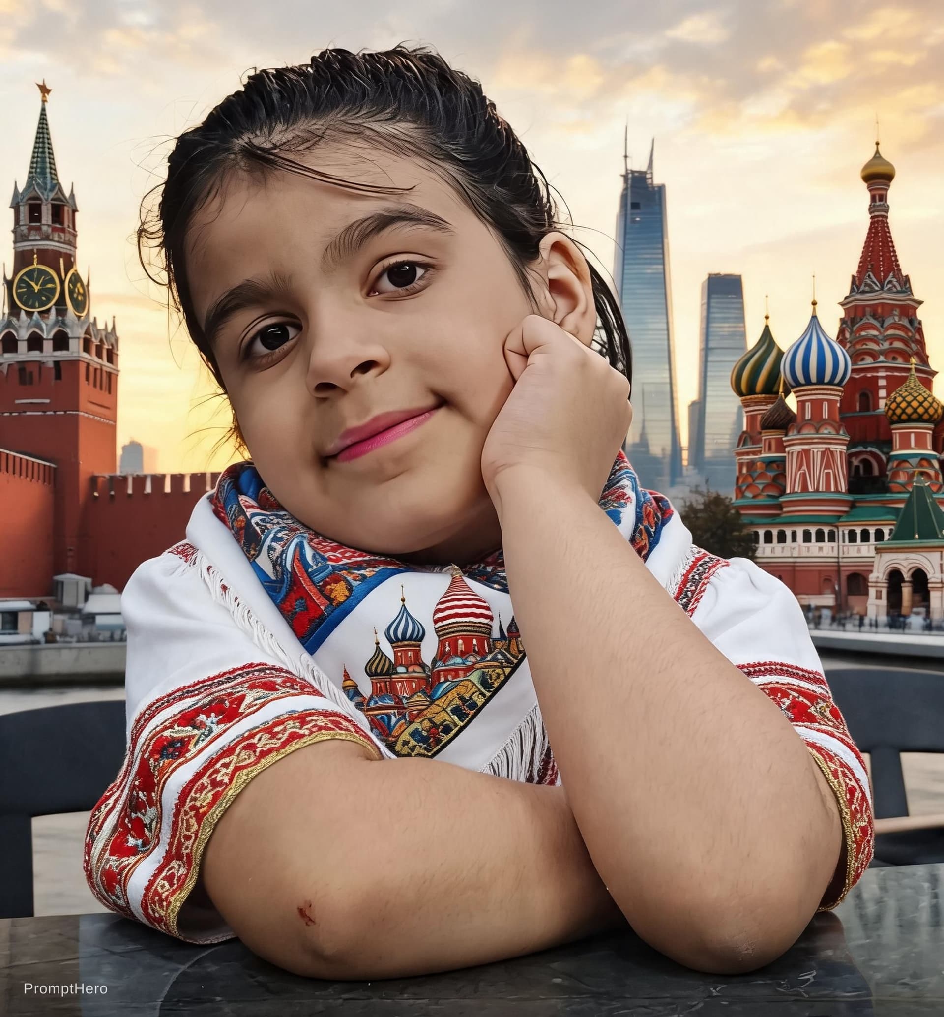 AI generated: A stylized, artistic portrait of a girl embodying the spirit of the city of Moscow. Her attire refle...