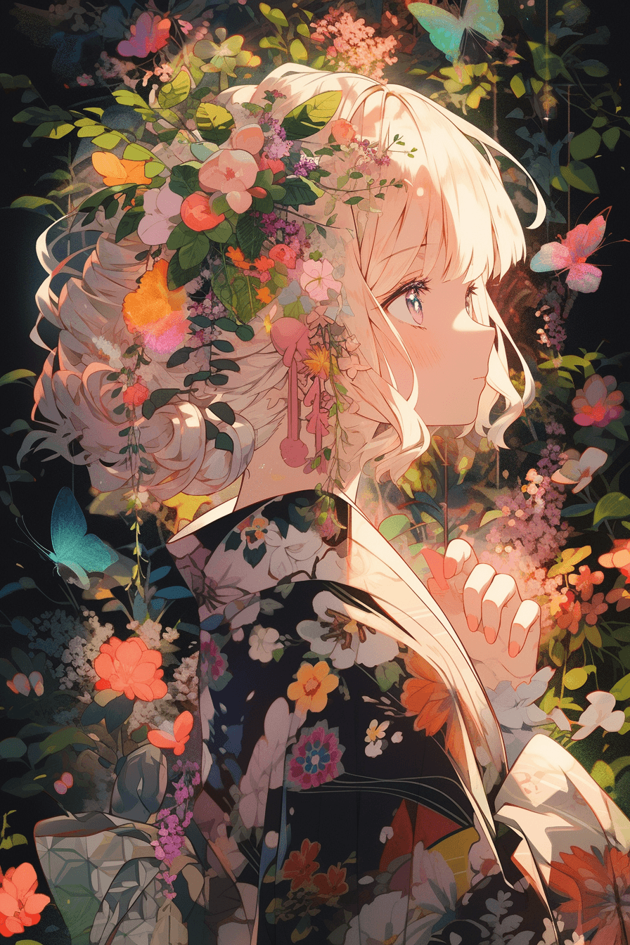 AI generated: Tilted frame, a lovely anime character dissolving into blooming, rainbow-colored petals, mingling wi...