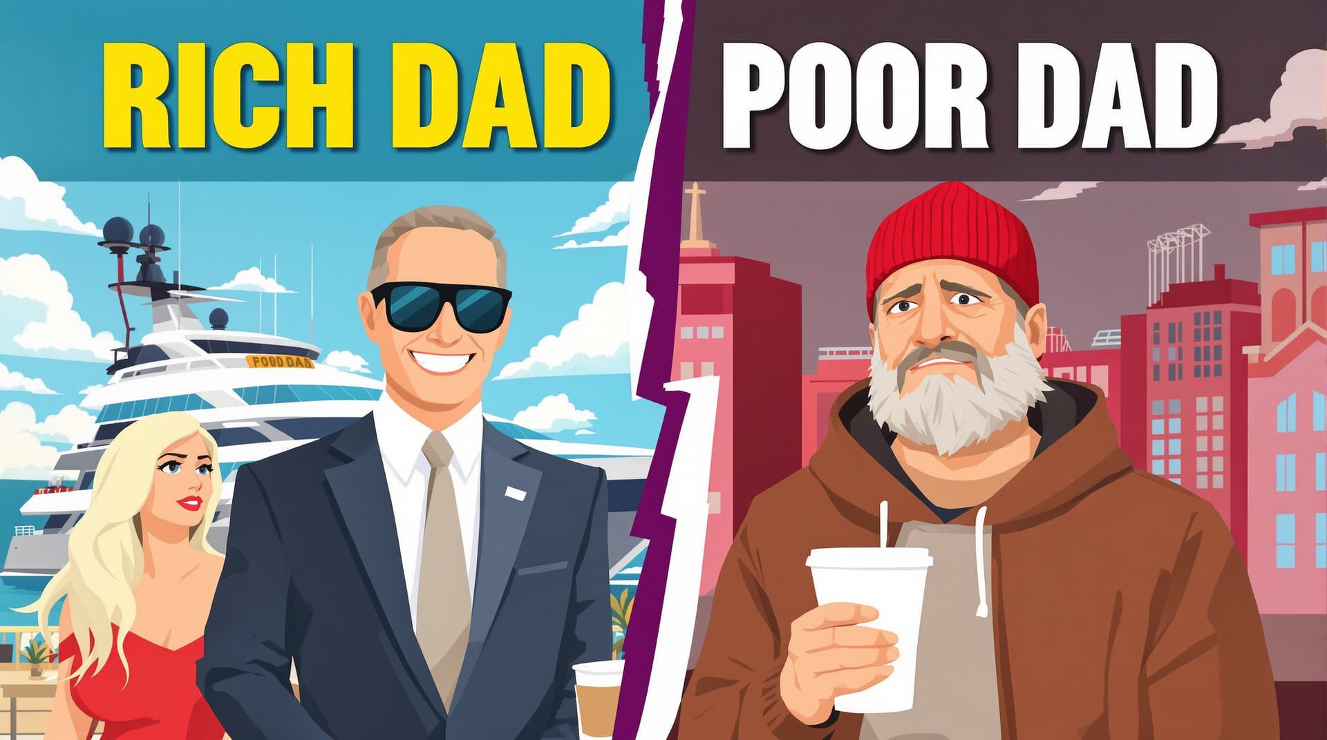 AI generated: A flat-style digital illustration in 16:9 YouTube thumbnail format, inspired by the book "Rich Dad P...