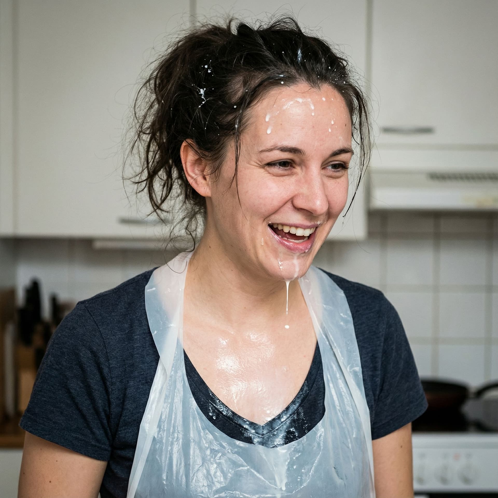 AI generated: The woman in the picture has her mouth open and milk and saliva is dripping from her mouth, she has ...