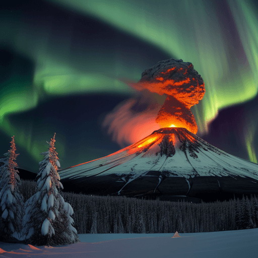 AI generated: hiper realistic photo of volcano erupting, in snowy northern landscape, aurora borealis, wide image,...