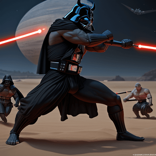 AI generated: 
muscular Darth Vader bull, battle with Lightsabers, against a background of the planet Tatooine, wi...