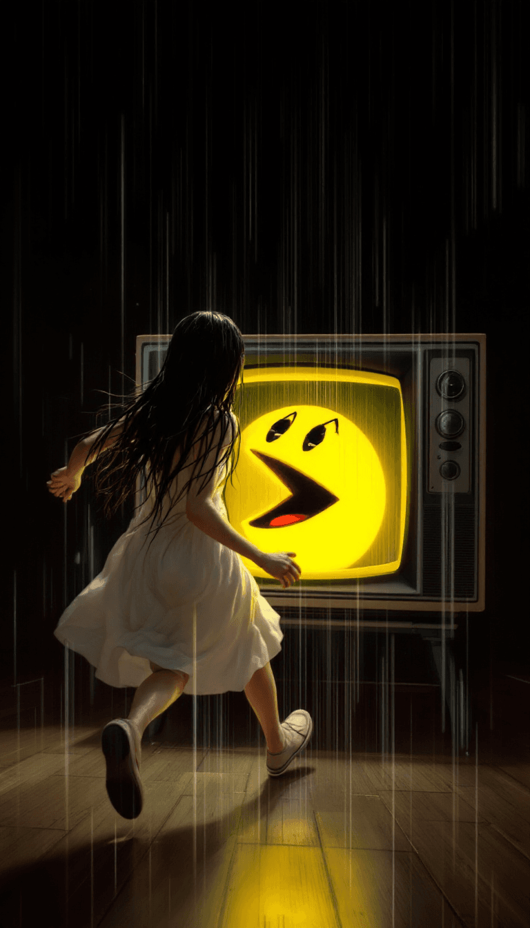 AI generated: A 90’s-style movie poster featuring Samara Morgan from The Ring running in fear as Pac-Man emerges f...