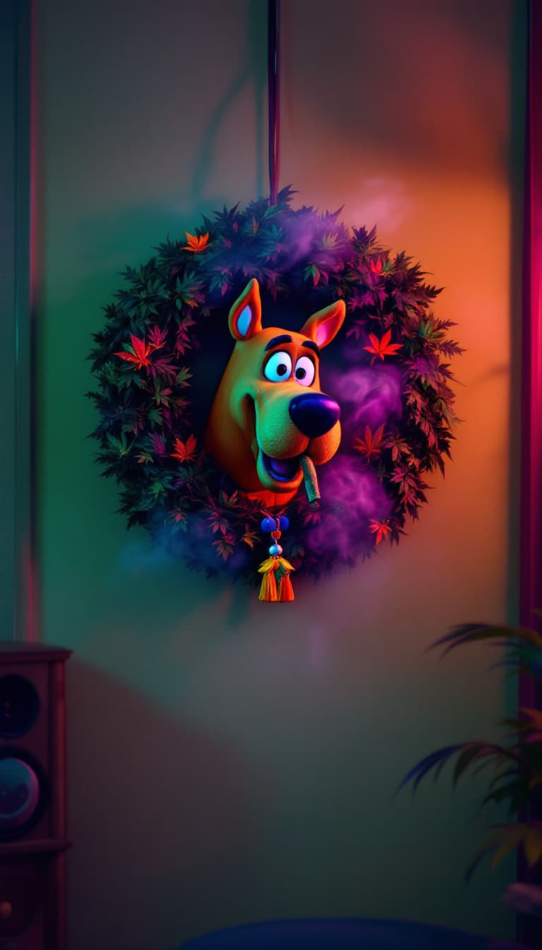 AI generated: A 3D, pixar style animated photo of a wreath hanging on a 1960s styled loving room wall. The wreath ...