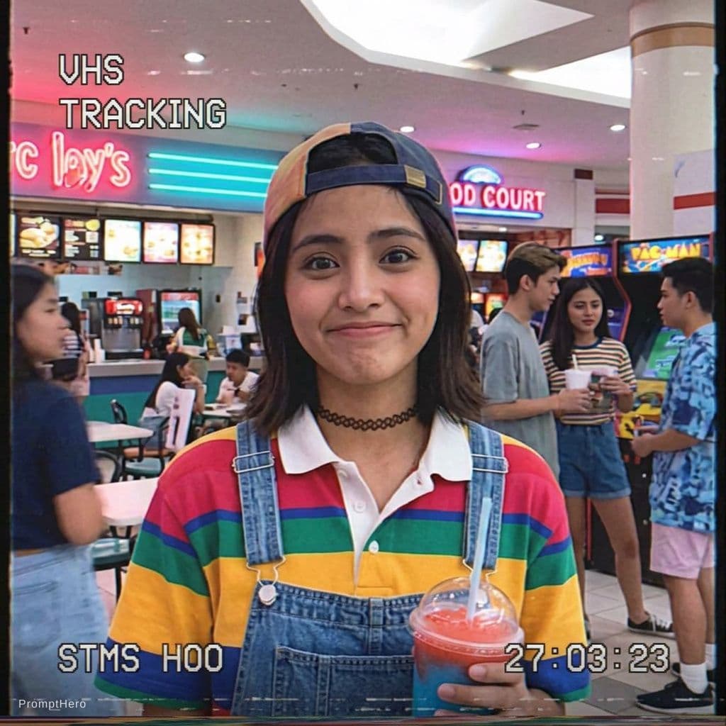 AI generated: Kooky portraits of 90’s mall teens in retro clothing, shot on VHS