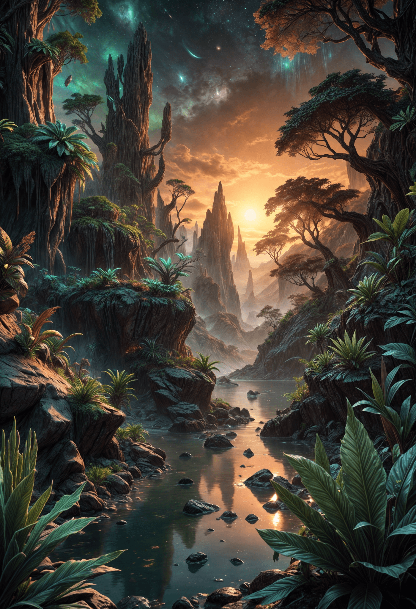 AI generated: Fantasy landscape, dynamic lights, glowing emerald, nebulas, sunset,,8k photorealistic eternal  ambi...