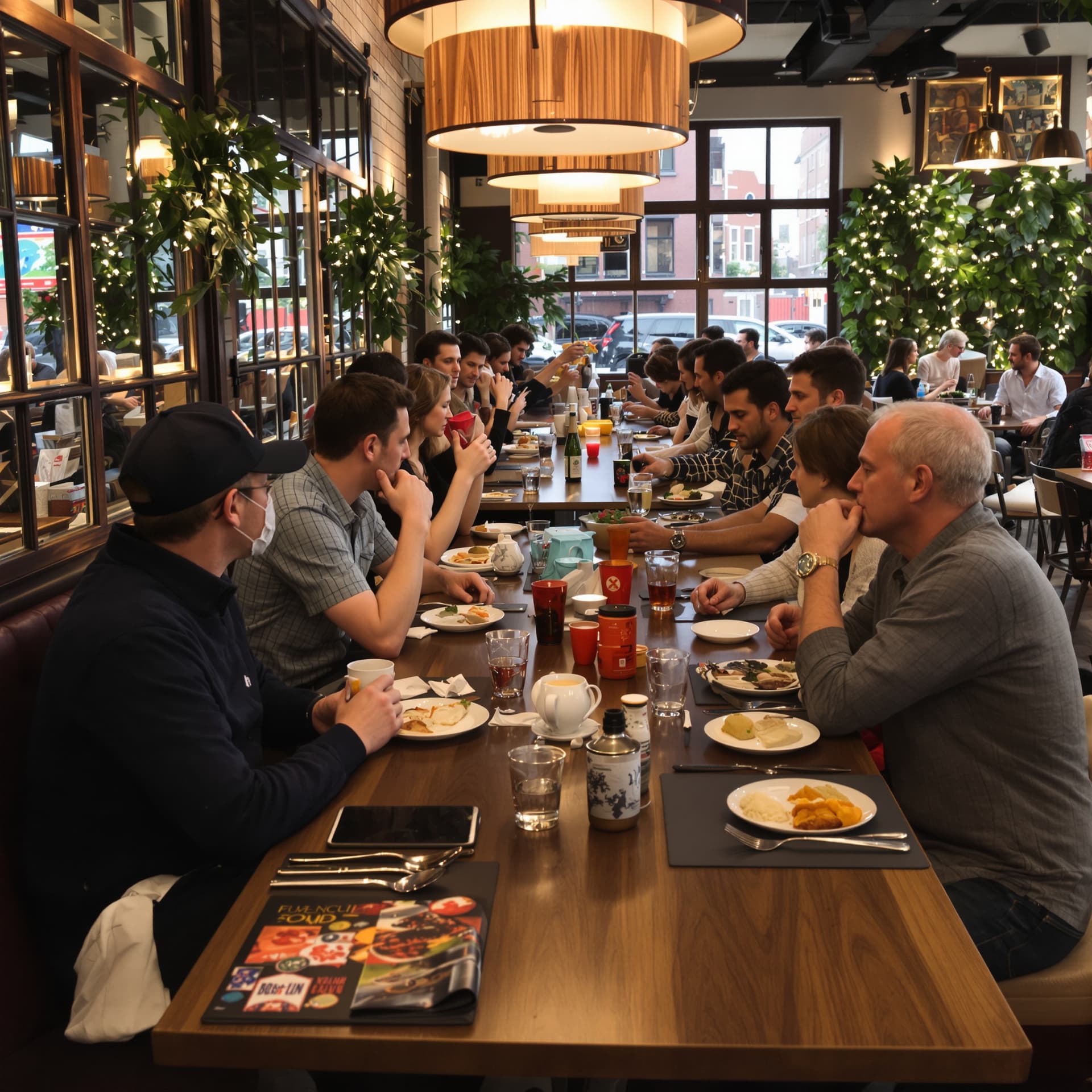 AI generated: hyper photorealistic image of a full table of customers having conversations in a dutch restaurant
