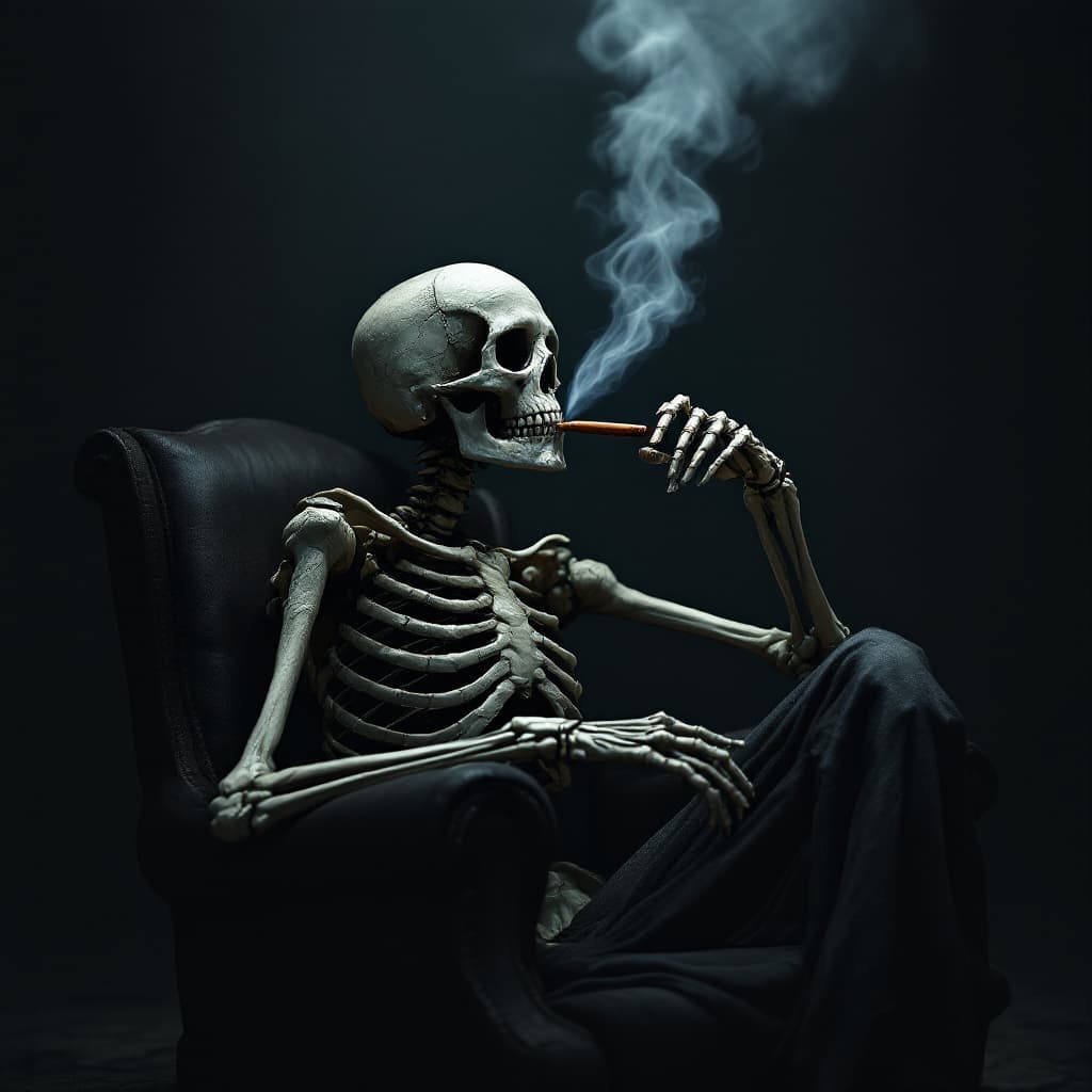 AI generated: skeleton sitting in chair smoking a cigarette in dark room with light coming from ceiling, a skeleto...