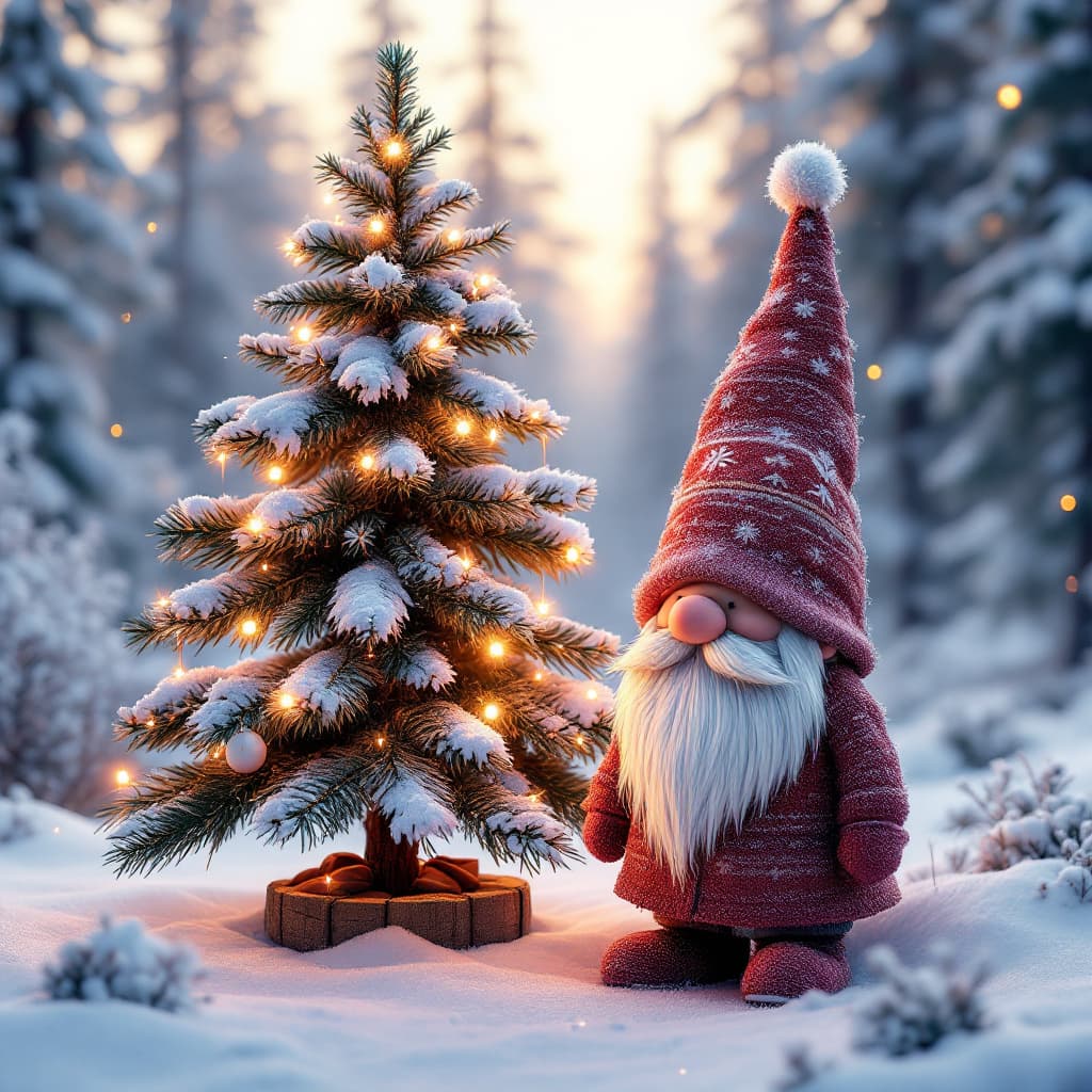 AI generated: Cgi- New Year tree, next to it Scandinavian Christmas gnome in Kaws style, glowing elements, gradien...