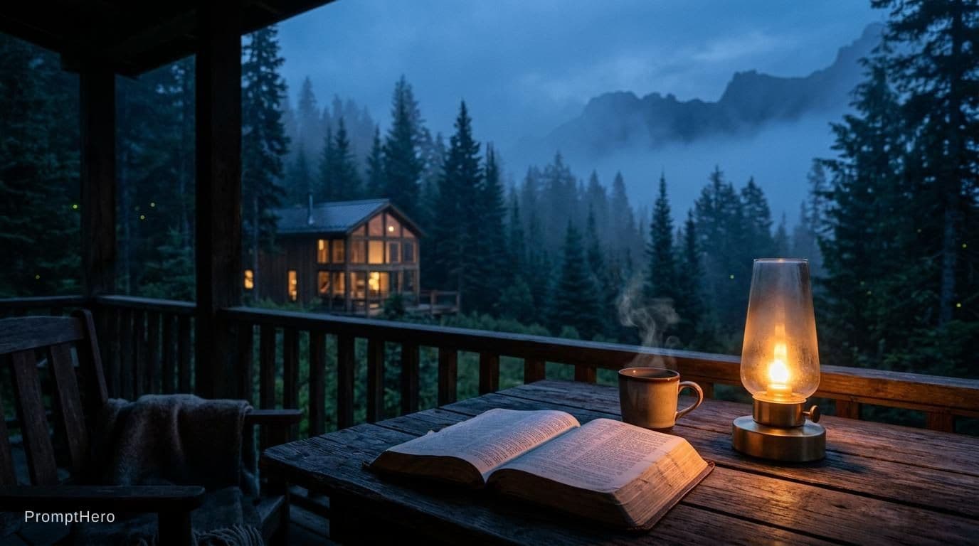 AI generated: A cinematic blue-hour forest modern cabin scene in the mountains, viewed from a wooden porch table. ...