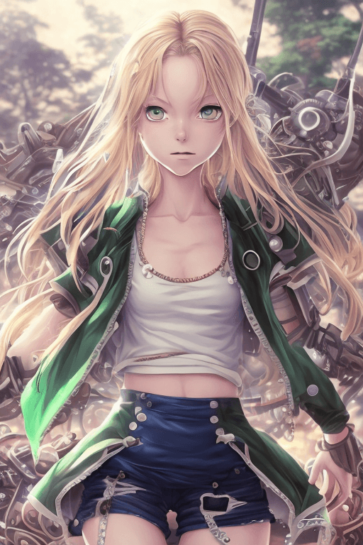 AI generated: game 2d art, image of a young girl with light blonde hair, 16 years old, green eyes, white tank top,...