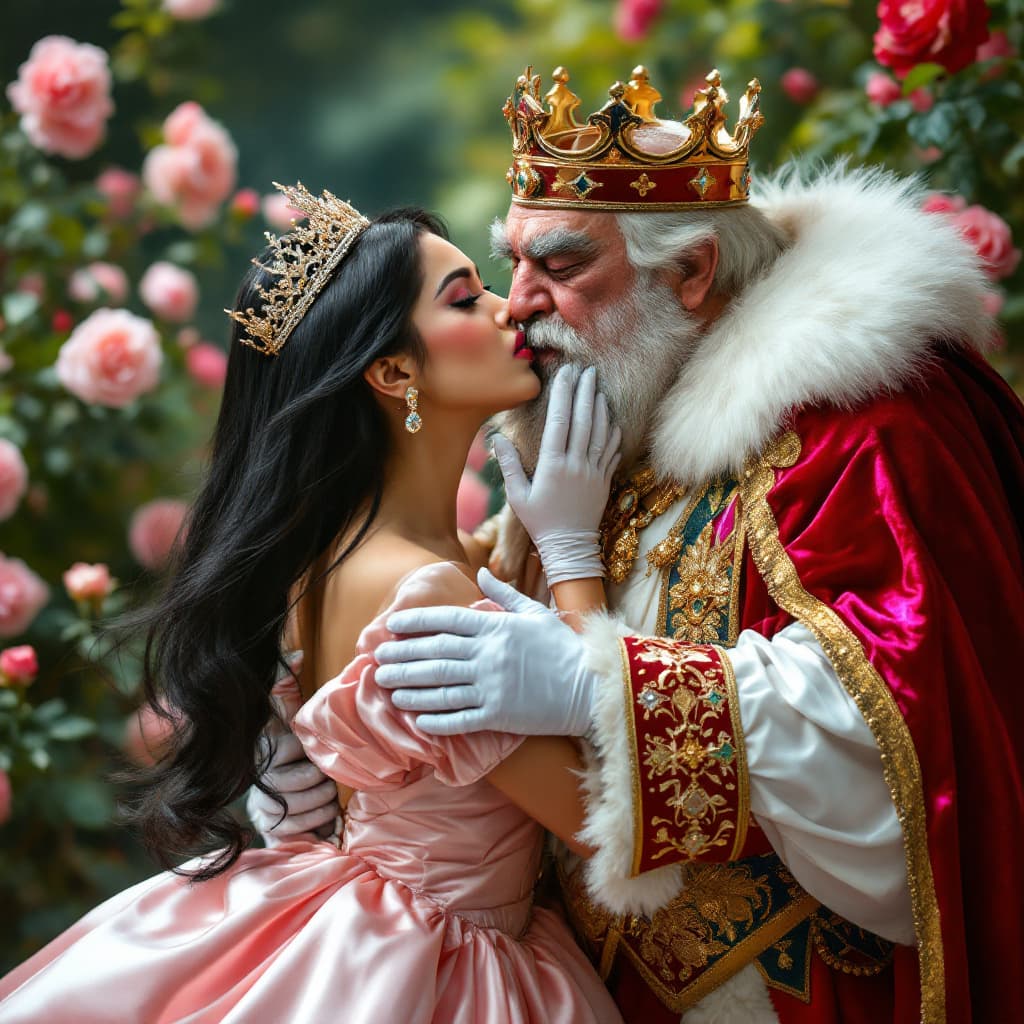 AI generated: full body shot, a beautiful disgusted asian Cinderella being kissed by a fat ugly old pompous Englis...