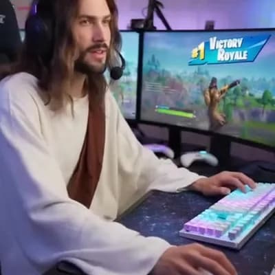 AI generated video: Jesus streaming Fortnite on Twitch in a modern gaming setup. He’s calm and focused, wearing his robe...
