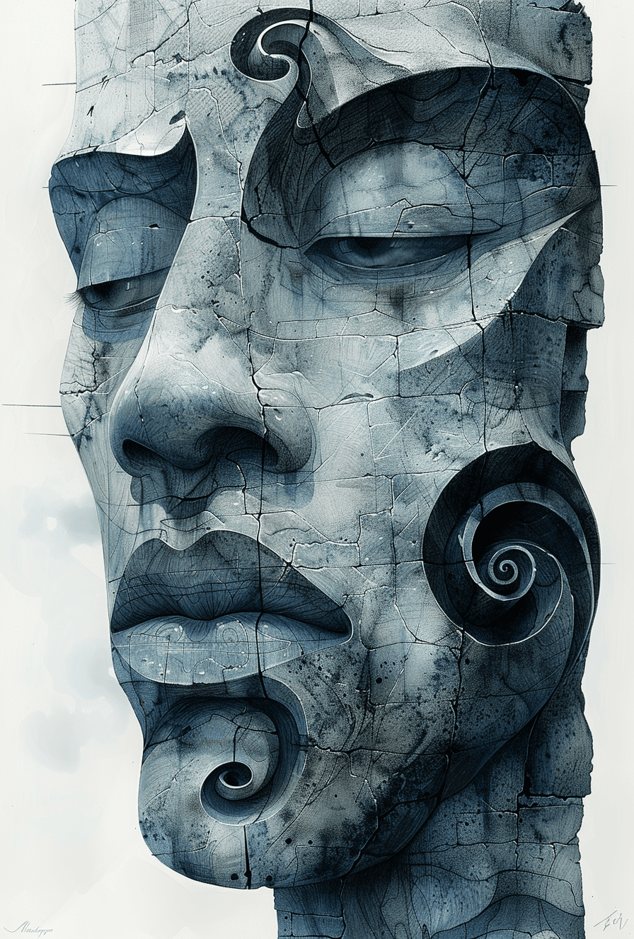 AI generated: drawing of a man with curled lips, in the style of surrealistic dreamscape, celtic art, ink wash col...